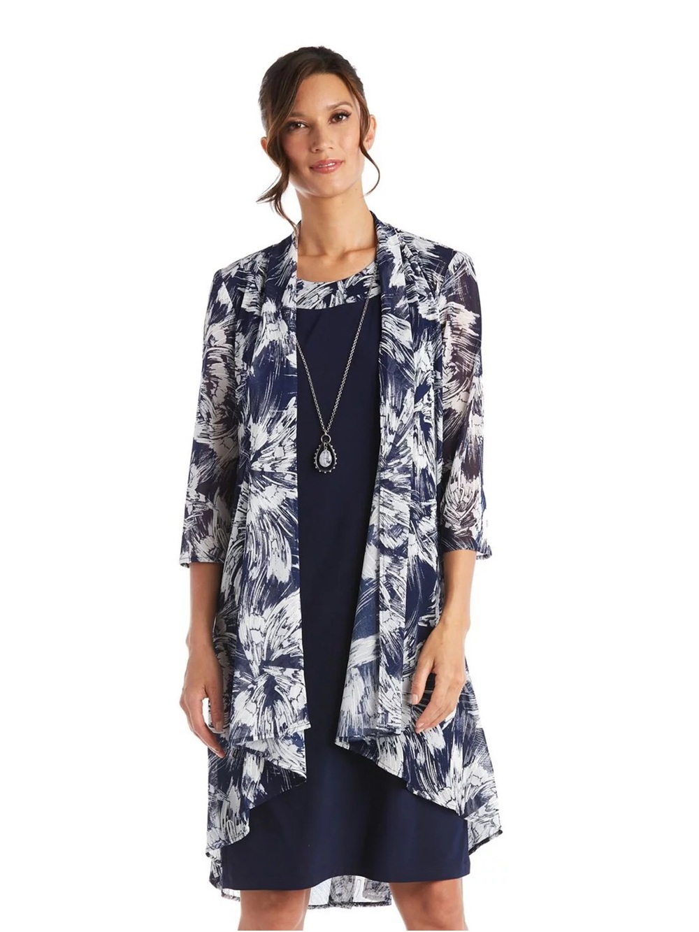 R & M Richard’s Floral Puff Print Power Mesh Jacket Dress & Necklace 3-Piece Set